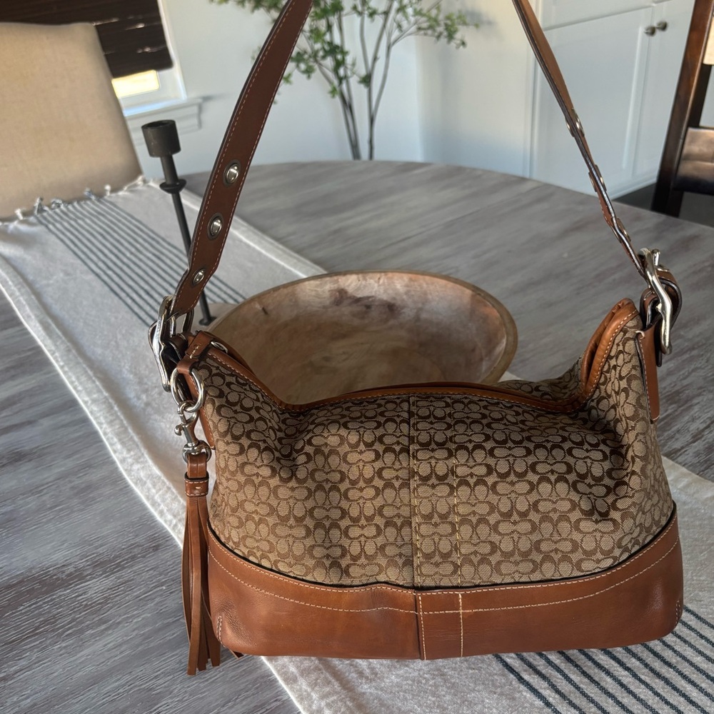 🍃🦋 Vintage Coach Signature Canvas Leather Shoulder Hobo Mini Duffle Bag - Picture 14 of 15